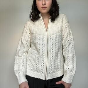 TALBOTS White chucky open knit zip up cotton cotton blend sweater S -Beard Dicky